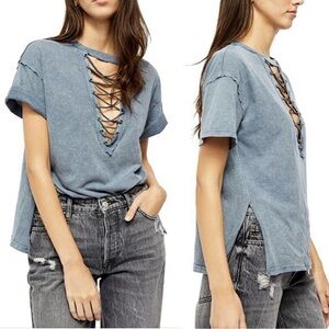 We The Free People Azalea Lace-Up Front Mineral Wash Gray/Blue T-Shirt Size M